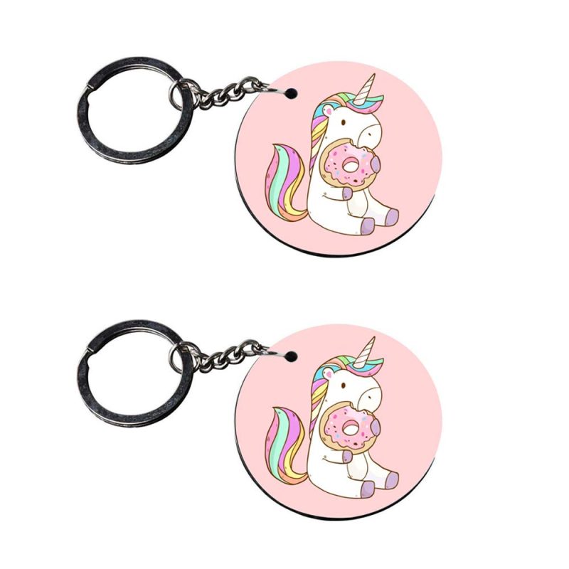 Round Unicorn Donut Wooden Keychain