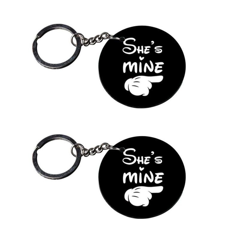 Round She Is Mine Couple Keychain