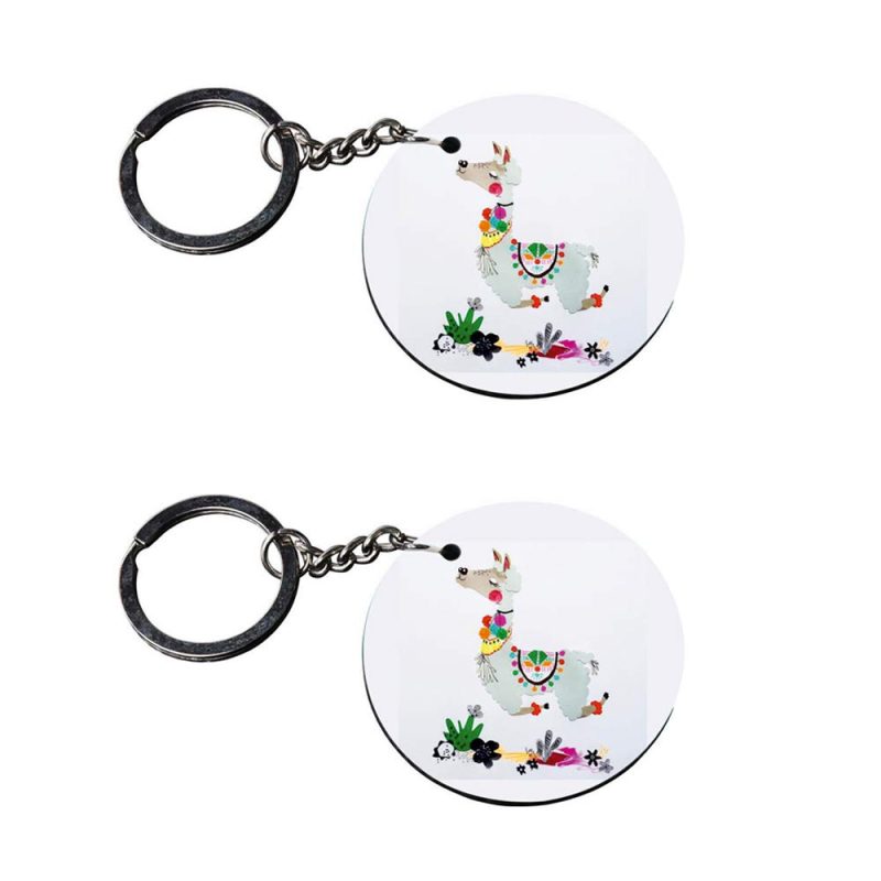 Round Printed Llama Wooden Keychain