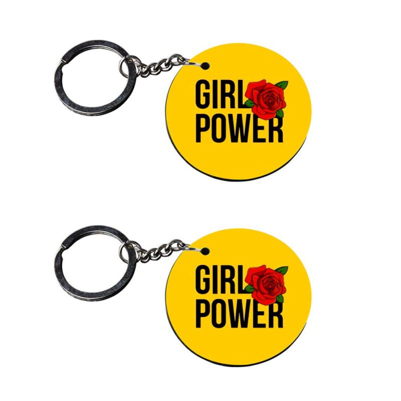 Girl Power Round Wooden Keychain