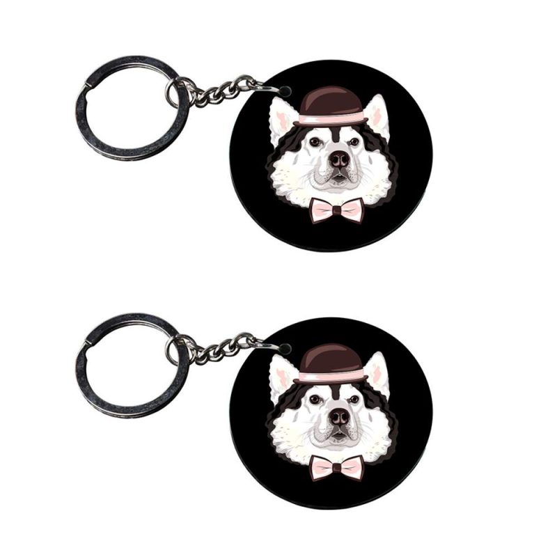 Dapper Husky Bowtie Round Keychain