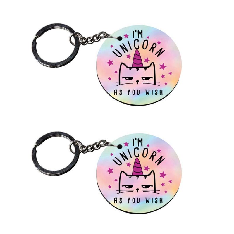 Unicorn Cat Round Wooden Keychain