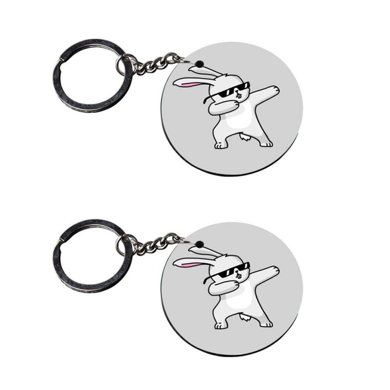 Dabbing Rabbit Round Wooden Keychain