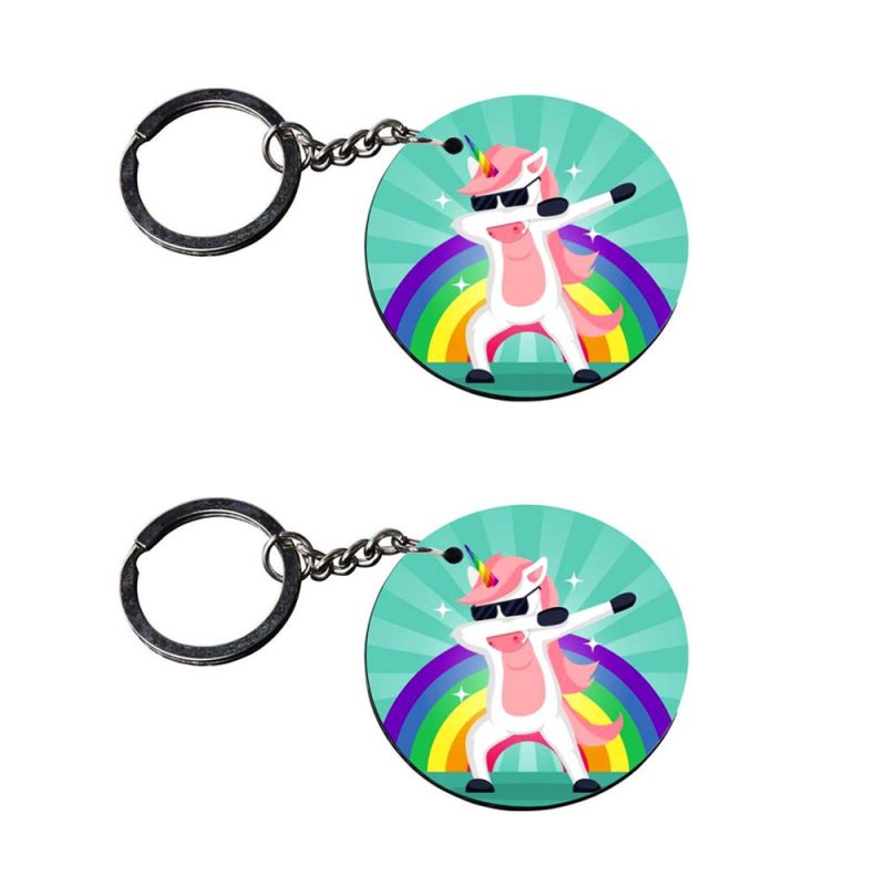 Dabbing Unicorn Round Wooden Keychain