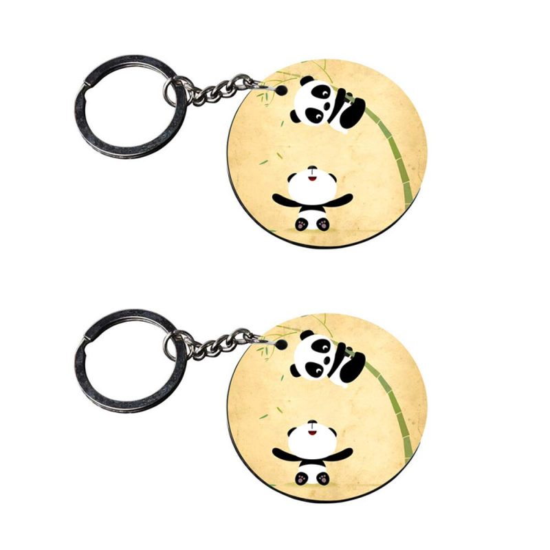 Round Panda Illustration Wooden Keychain