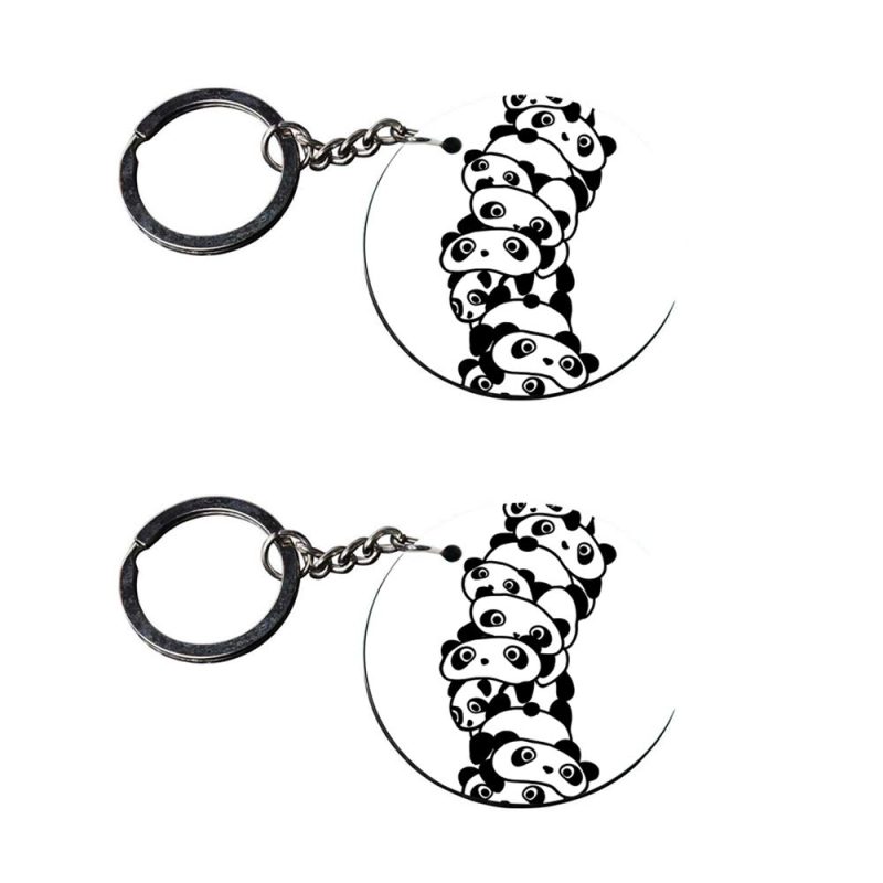 Round Panda Print Wooden Keychain