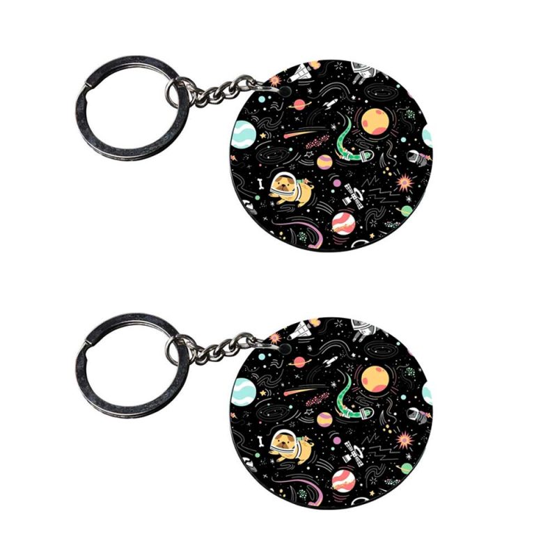 Astronaut Pug Round Wooden Keychain