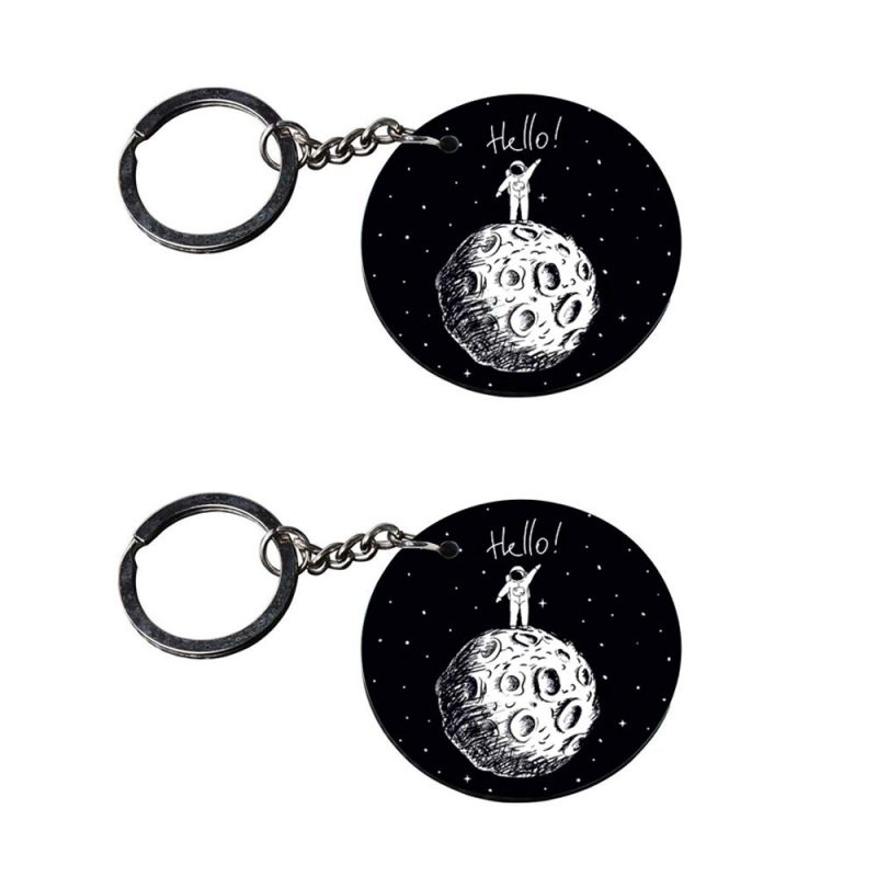 Round Moon Astronaut Wooden Keychain