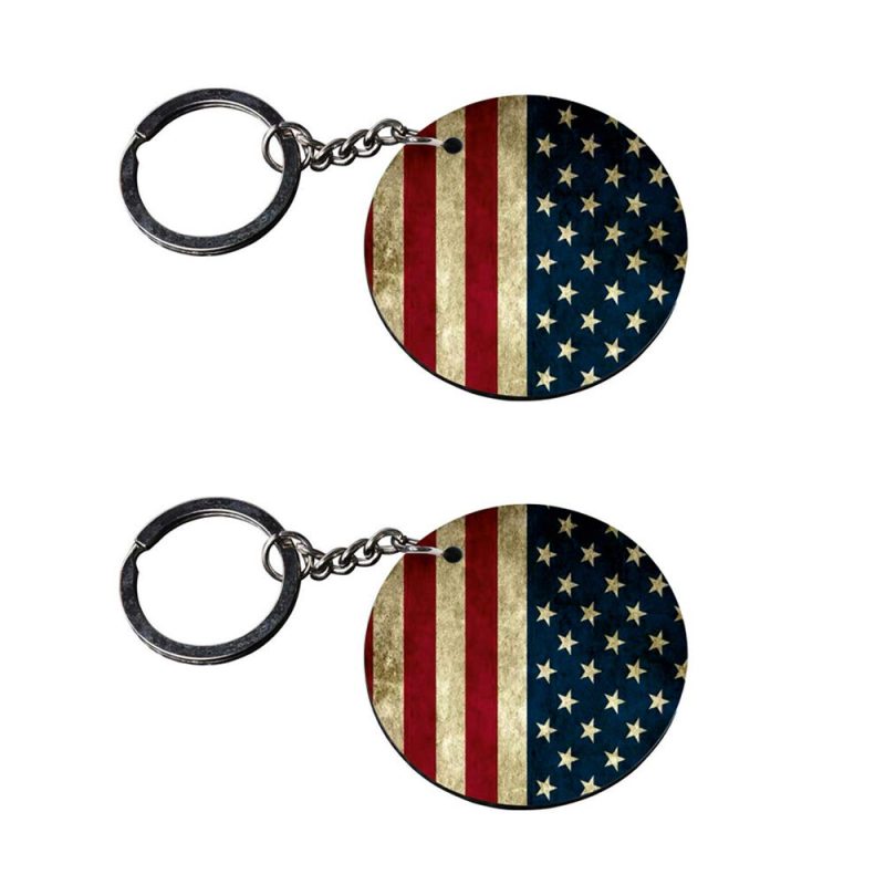 Round American Flag Wooden Keychain