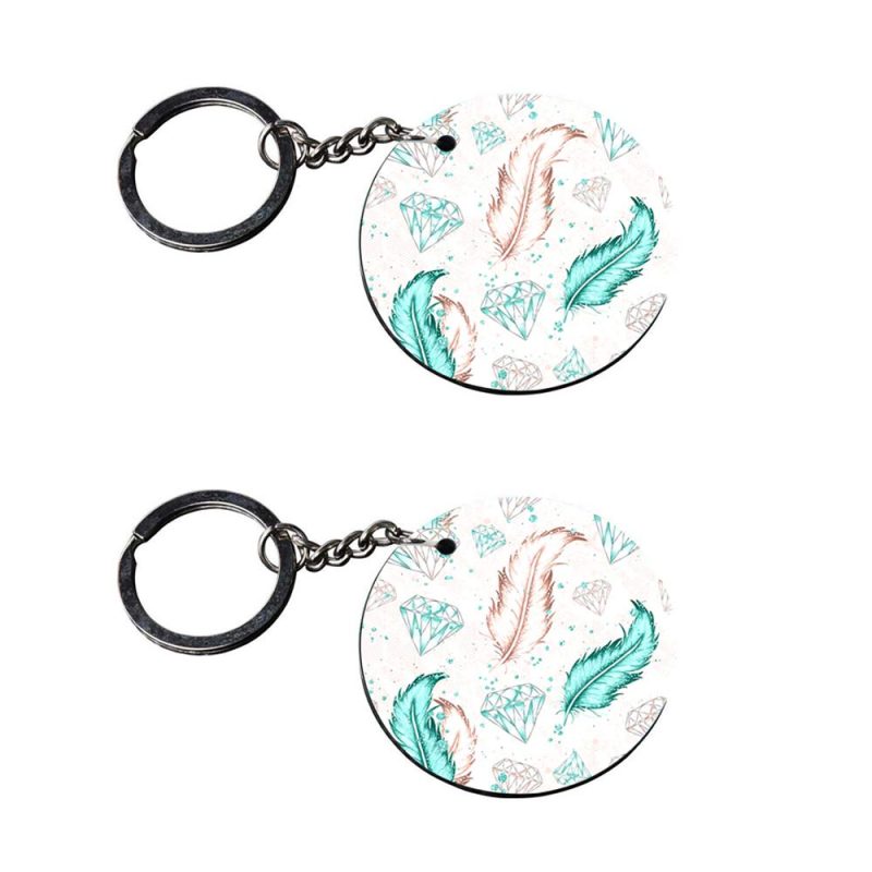 Round Feather And Diamond Keychain Set