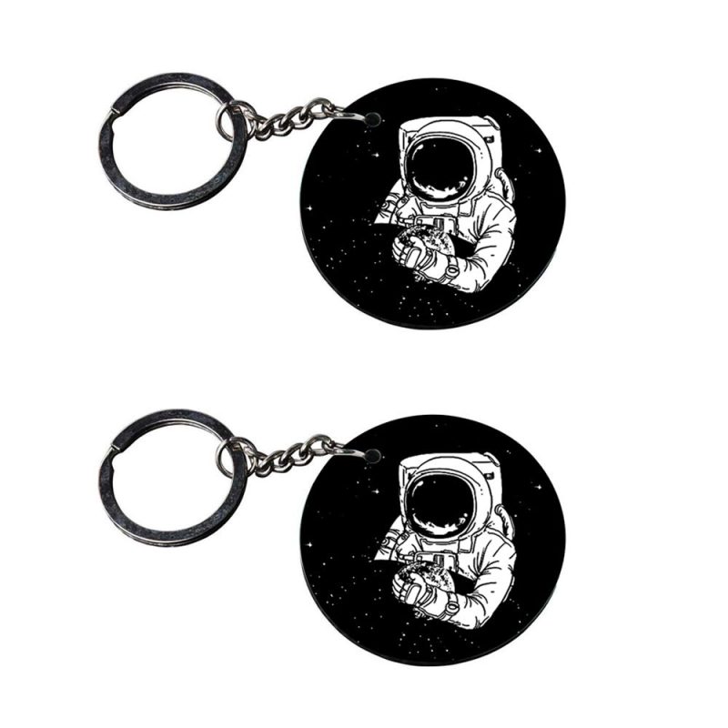 Round Astronaut Illustration Wooden Keychain