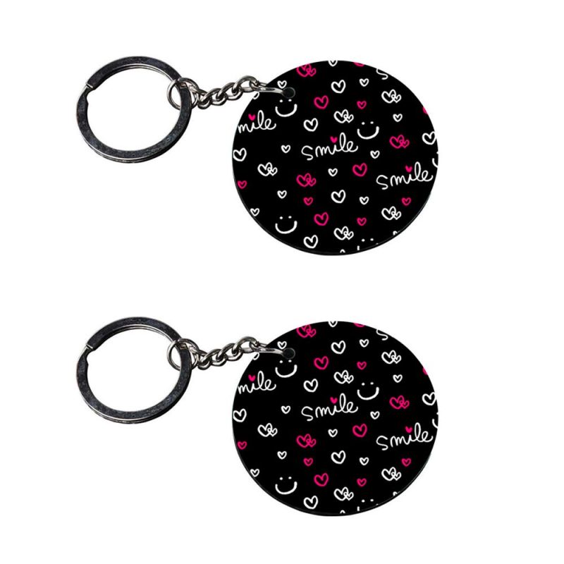 Round Smile Print Wooden Keychains
