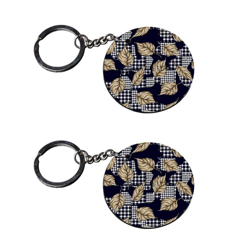 Round Leaf Print Wooden Keychain
