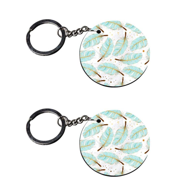 Round Feather Print Wooden Keychain