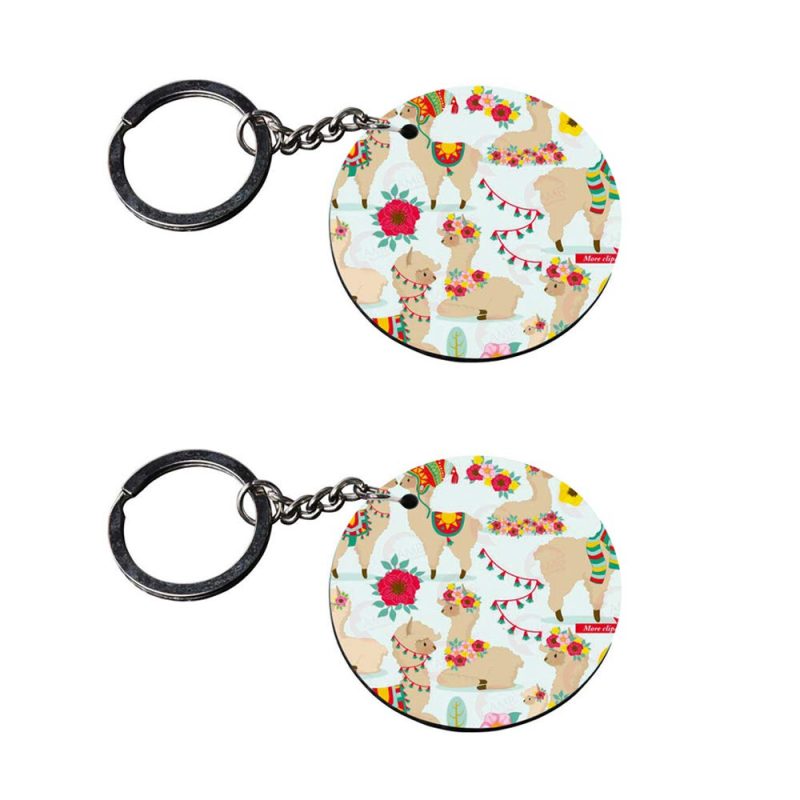 Floral Llama Print Round Keychain