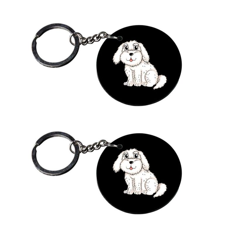 Cute White Puppy Round Keychain Set