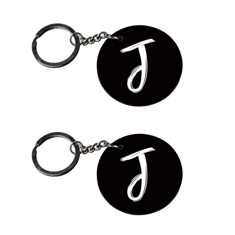 Round Black Alphabet J Keychain