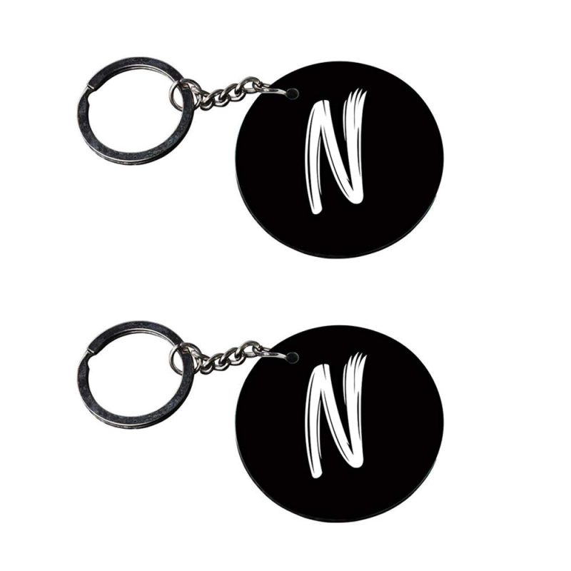 Round Black Alphabet N Keychain Set