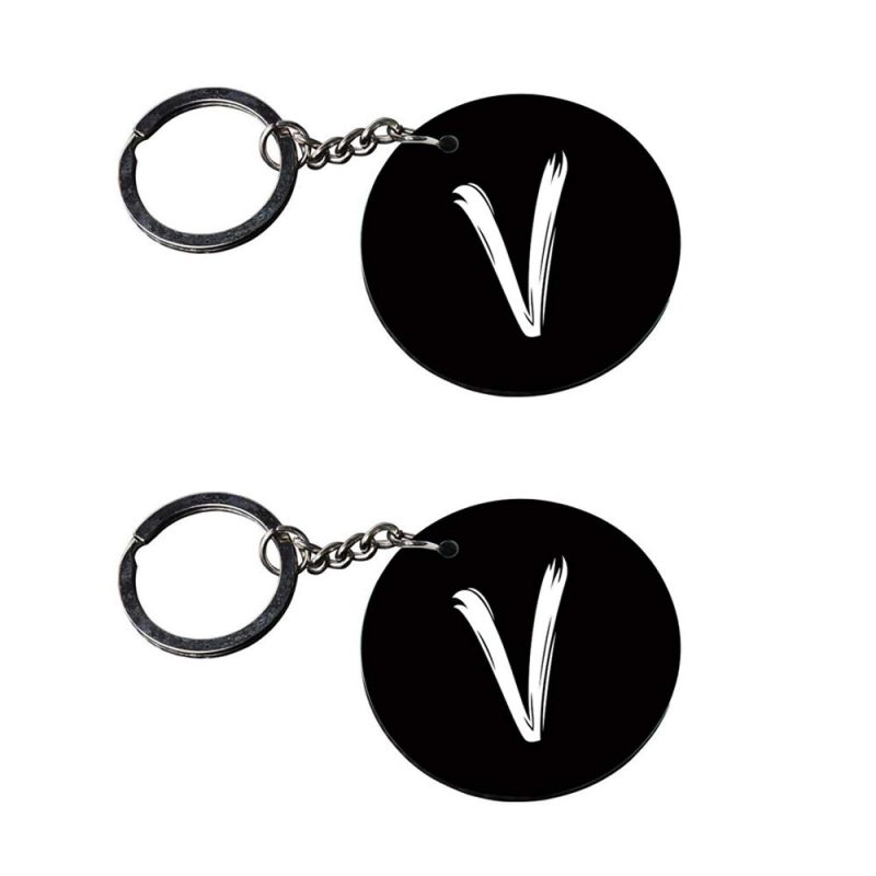 Alphabet V Round Black Keychain