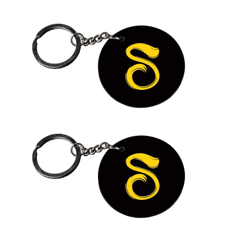 Round Black Gold S Initial Keychain