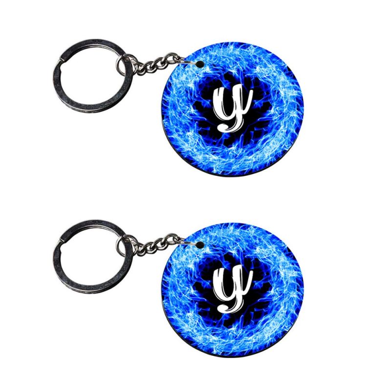 Blue Fire Letter Y Keychain Set