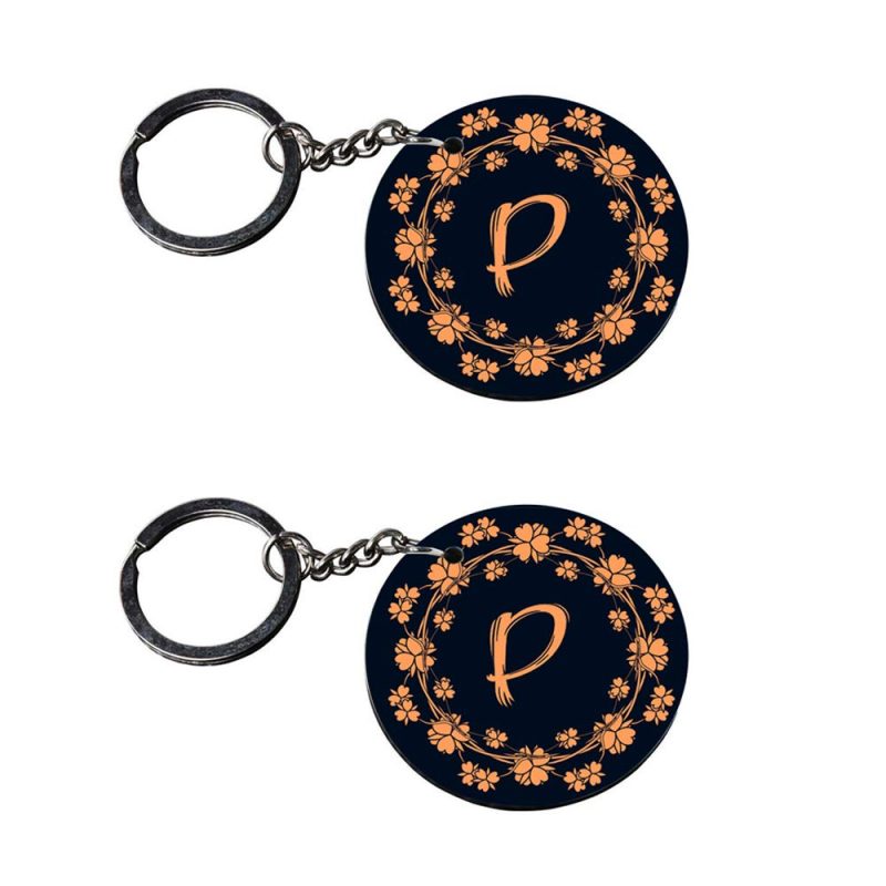 Floral Letter P Round Keychain