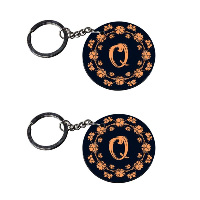 Floral Letter Q Round Keychain Set