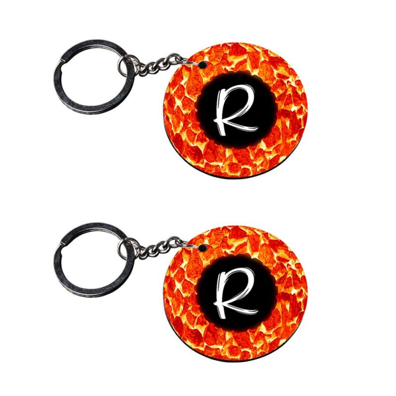 Round Letter R Fire Print Keychain