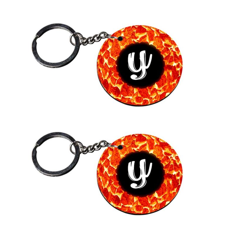 Fiery Letter Y Round Keychain Set