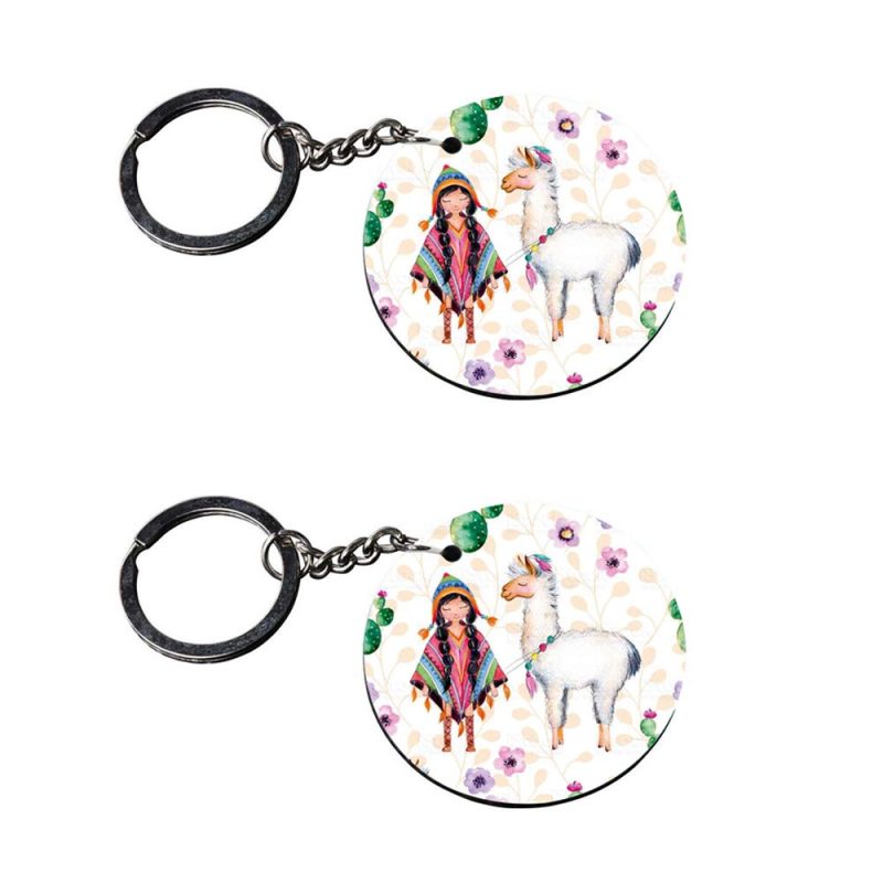Boho Llama Girl Round Keychain
