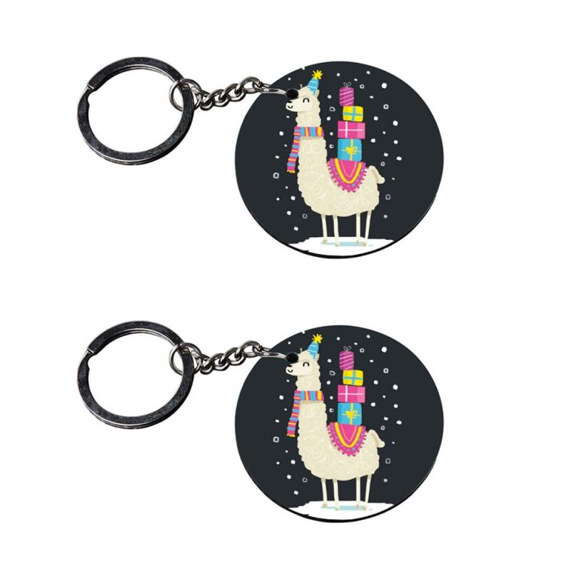 Festive Llama Round Printed Keychain