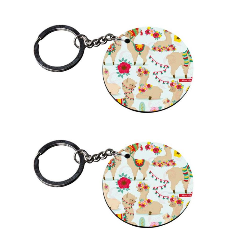 Floral Llama Print Round Keychain