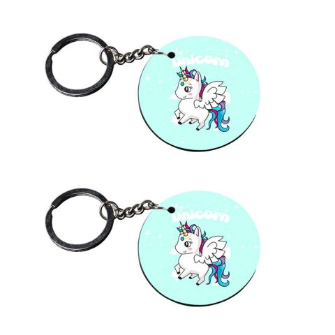 Crafty Worth | unicorn keychains for girls pom pom | keychain for scooty Printed Wooden Keychains | Circle Shape Set of 2 keyrings 2×2 inch