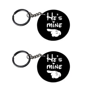 CraftyWorth | he is mine keychain | keychain gun Printed Wooden Keychains | Circle Shape Set of 2 keyrings 2x2 inch
